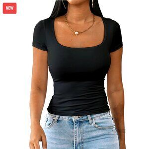 Slim Fit Crop Top Double Lined Square Neck Short Sleeve Summer Tee